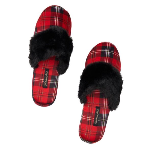 VICTORIA'S SECRET Signature Plaid Satin & Faux Fur Closed Toe Slippers Sz M 7/8 - Picture 3 of 5
